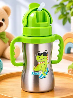 Adore Gracious! Stainless Steel Straw Sipper with Twin Handle 290ml- Green Dino