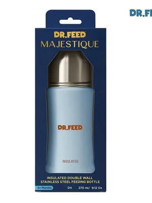 Adore Dr.Feed Majestique Insulated Thermos Hot/ Cold Stainless Steel Feeding Bottle with Anti-Colic Teat- D4- 270ml- Baby Blue