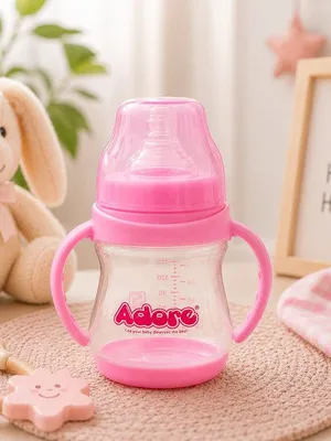 Adore 5 Stage Wide Neck Feeding Bottle with Easy Grippy Handle -150ml Pink