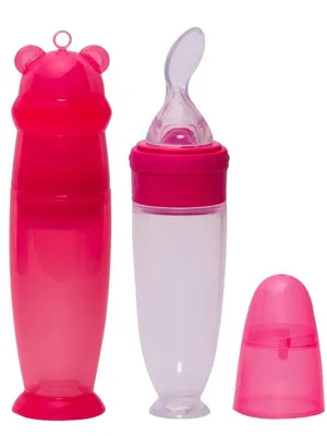 Adore Mr.Bear Baby Premium Silicon Squeeze Feeder with Cap & Storage Case- 100ml- Pink