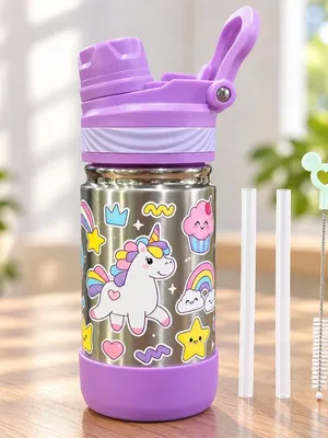 Adore HydroFlip 2-in-1 Insulated Printed Stainless Steel Kids Water Bottle with Silicone Base, 2 Spare Pipes & Straw Brush 450ml-Purple