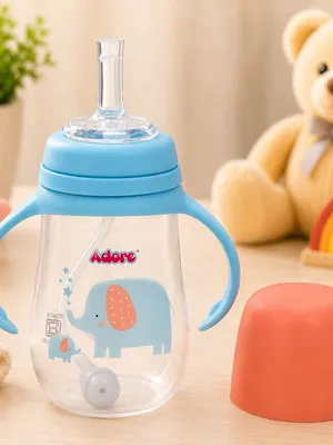 Adore Great Britain Wide Neck Straw Sipper with Gravity Ball and Twin Handle- 250ml New Blue