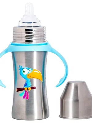 Adore Magnus! Premium Wideneck Stainless Steel Feeding Bottle with anti-colic teat and Handle 250ml - Blue Toucan