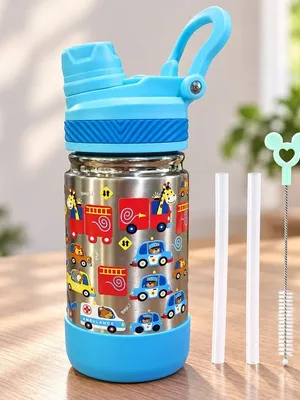 Adore HydroFlip 2-in-1 Insulated Printed Stainless Steel Kids Water Bottle with Silicone Base, 2 Spare Pipes & Straw Brush 450ml-Blue