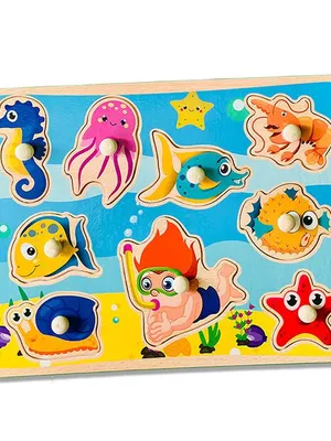 Wudly Wooden Knob Puzzle Board - Sea Animals Puzzle