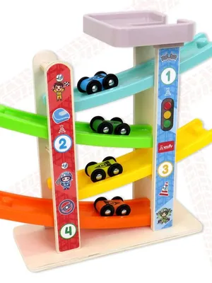 Wudly Car Ramp Race Track, 4 Level Wooden Slide with 4 Cars