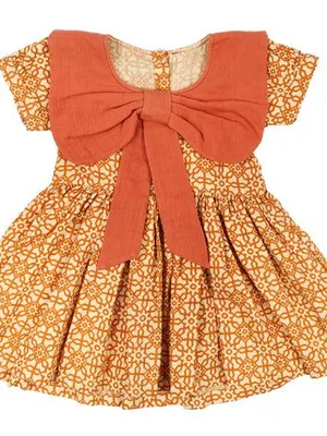 Girls Orange Printed Dress with Bow Detail
