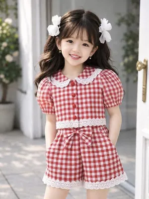 Red Gingham Puff Sleeve Lace Trim Shorts Co-ord Set for Girls