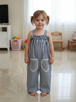 Girls Striped Cotton Jumpsuit with Heart Pocket Detail — Infant