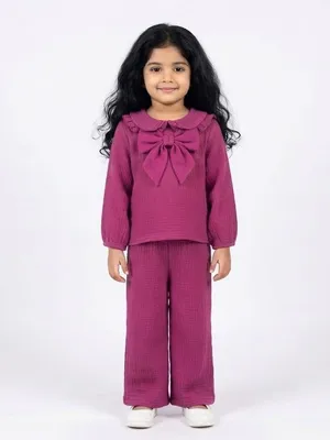 Magenta Ruffled Collar Bow Co-ord Set for Girls