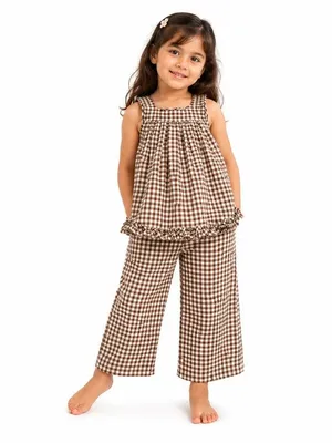 Brown Gingham Ruffled Hem Co-ord Set for Girls