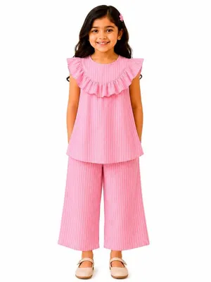 Pink Striped Ruffle Co-ord Set for Girls