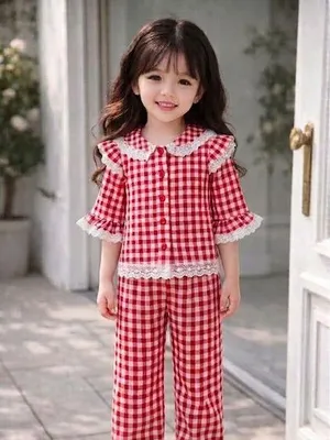 Red Gingham 3/4th Sleeve Lace Trim Co-ord Set for Girls