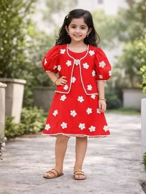 Girls Red Floral Embroidered Frock with Jacket Set Half Sleeve — Infant