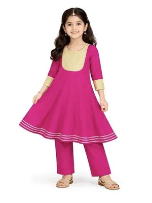 Girls Pink Ethnic Frock with Golden Yoke Design — Infant