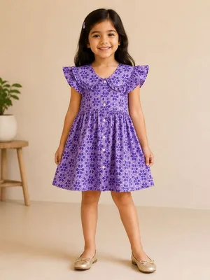 Girls Purple Floral Printed Dress with Frill Detail — Infant