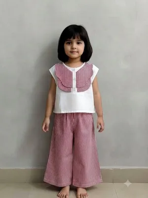 Red Striped Double Collar Co-ord Set for Girls