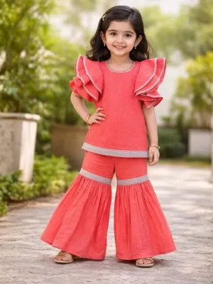 Girls Coral Frill Sleeve Top with Palazzo Set — Infant