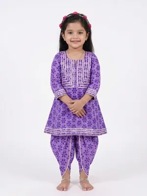 Girls Purple Printed Kurti with Dhoti Pant Set