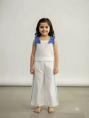 White & Blue Ruffled Strap Co-ord Set for Girls
