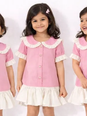 Girls Pink Dress with White Frill Detail