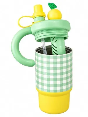 Avynest Insulated Tumbler with Handle and Straw, Gingham Print, 800ml