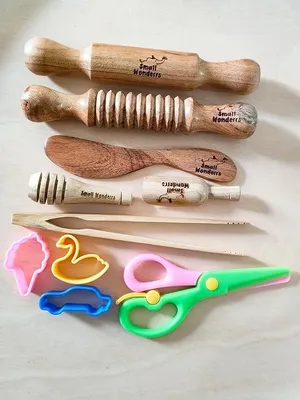 Wooden Play-Dough Tools Set for Kids 10 Pieces with Rolling Pins, Dough Knife, Tongs, Child-Safe Scissors, Scoop, Honey Dipper & Cutters for Sensory Play - Natural