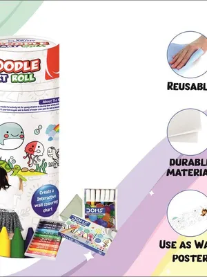 Doodle Art Roll for Kids 84 Inch Reusable Colouring Paper Roll | Washable Drawing & Painting Activity Mat with 6 Water Colour Pens, 12 Crayons, Wipe Cloth & Stickers
