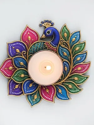 TodFod Peacock Tealight Candle Diya Holder Coaster, 4 Inch – Wooden Floral Decorative Design for Diwali Pooja & Home Decor