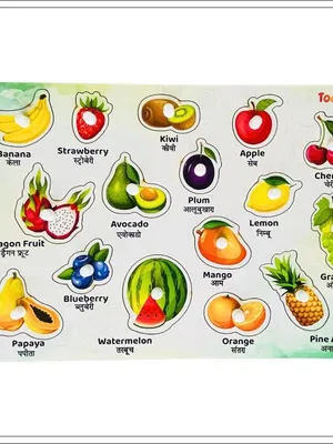 Todfod Wooden Fruit Puzzle Board for Toddlers | 16 Piece Peg Puzzle with English & Hindi Labels | Montessori Educational Toy for Kids Age 2+ | Safe & Durable Learning Puzzle Game