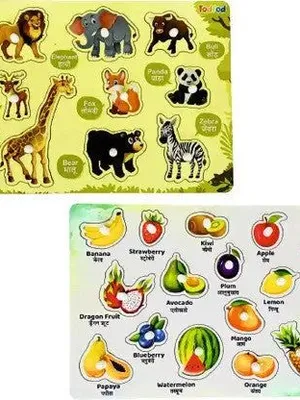 TodFod Wooden Jigsaw Puzzles Wild Animals & Fruit Characters for Kids