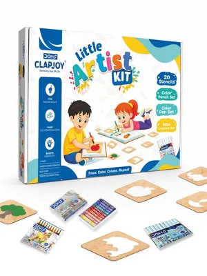 Little Artist Kit for Kids 3+ | 20 Stencils with Colour Pencils, Colour Pens & Wax Crayons | Drawing, Tracing & Colouring Art Set | Creative Activity Kit for Boys & Girls