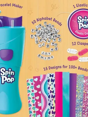 Imagimake Spin n Pop DIY Bracelet Making Kit| Patented Electric Bracelet Maker for Kids 8-12| Create 10 Unique Bracelets with Shiny Foil Beads, Alphabet Beads & Clasps|for Girls & Teens, Blue & Green
