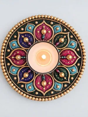 TodFod Round Tealight Candle Diya Holder Coaster, 4 Inch – Wooden Floral Mandala Design for Diwali Pooja & Home Decor