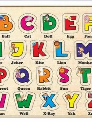 Todfod Wooden English Alphabet Puzzle Board for Kids | Colorful Educational Learning Toy with Easy to Grip Knobs, Multicolor Picture Backgrounds