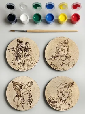 TodFod Krishna DIY Coaster Set of 4, 4 Inch – Engraved Wooden Paint-Your-Own Radha Krishna & Flute Art Kit