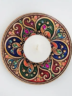 TodFod Round Tealight Candle Diya Holder Coaster, 4 Inch – Decorative Wooden Mandala Design for Diwali Pooja & Home Decor