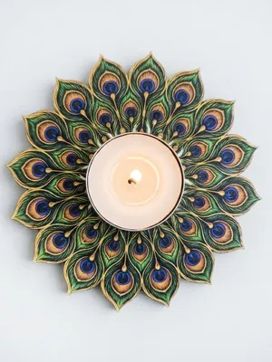 TodFod Peacock Feather Tealight Candle Diya Holder Coaster, 4 Inch – Wooden Decorative Mandala Design for Diwali Pooja & Home Decor