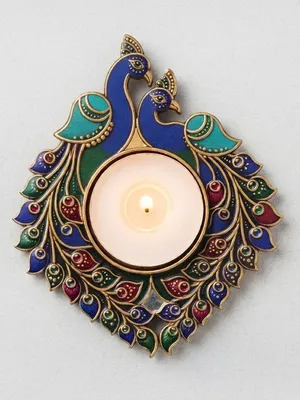TodFod Double Peacock Tealight Candle Diya Holder Coaster, 4 Inch – Wooden Decorative Peacock Design for Diwali Pooja & Home Decor