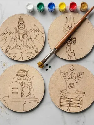 TodFod Mahadev DIY Coaster Set of 4, 4 Inch – Engraved Wooden Paint-Your-Own Om & Trishul Art Kit
