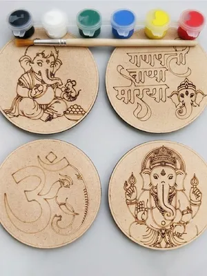 TodFod Ganesha DIY Coaster Set of 4, 4 Inch – Engraved Wooden Paint-Your-Own Lord Ganpati & Om Art Kit