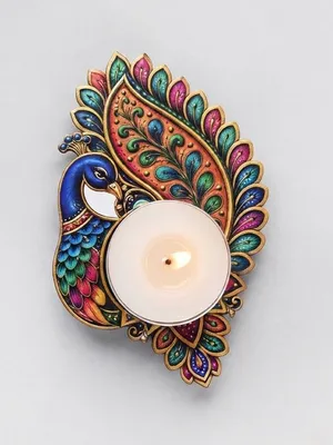 TodFod Peacock Tealight Candle Diya Holder Coaster, 4 Inch – Wooden Decorative Peacock Design for Diwali Pooja & Home Decor