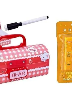 Kawaii Bear Password Pencil Box Combo for Kids – Lockable Compass Case with Handle, Board & Marker + Bear Push Pull Refillable Eraser | School Gift Set