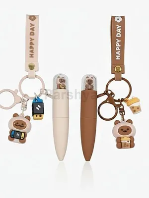 Cute Pen with Key chain Cartoon Pen for Kids Girl & Boy Soft Silicone Case, Charm Keychain & Wrist Strap Smooth Black/Blue Ink Pen for School, Office & Gifting