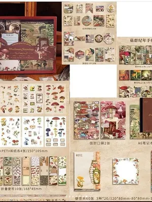 Zqiue Mushroom Chronology Scrapbook Supplies Kit, Junk Journal Kit with Journaling Supplies, Scrapbook Paper, A6 Grid Notebook, Washi Stickers, Craft DIY Gift Set - Mushroom Chronology Themes Kit