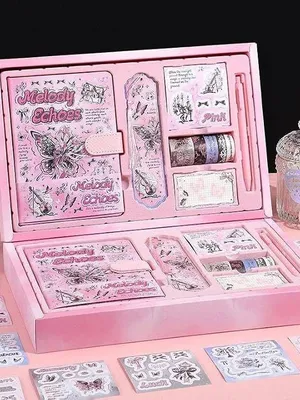 Kawaii Aesthetic Journal Set with Magnetic Notebook Gift Box, Decorative Washi Tape, Stickers & Pen – Premium Scrapbooking & Journaling Kit for Girls, Teens & Creative Planners (Melody Echoes-)