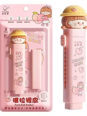 Cake Eraser Stick Set with 2 Refills – Cute Girl Cartoon Push-Pull Eraser for Kids, Smooth Clean Erasing, School Supplies, Kawaii Stationery, Study Gift for Girls