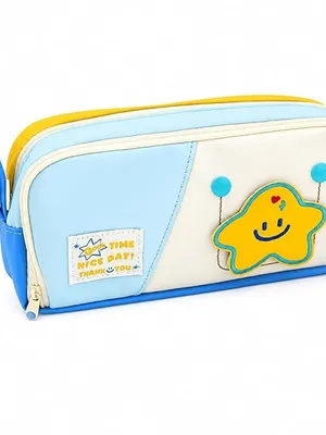 Cute Star Pencil Pouch for Kids, Large Capacity Zippered Pen Case with Mesh Pocket & Pen Holder Slots, Kawaii School Stationery Organizer for Girls Boys - Smiley
