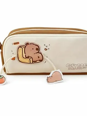Cotton Capybara Pouch Large Capacity Cartoon Pencil Case Double Layer Cute Aesthetic Pencil Case for Girls Multifunctional Stationery Organizer for School Office