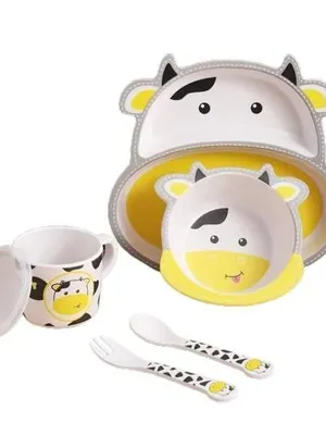 5-Piece Bamboo Dinnerware Set for Baby & Toddler – Plate, Bowl, Cup & Spoon, Eco-Friendly, BPA-Free, Dishwasher Safe Feeding Set, Gift for Kids (Small Cow)
